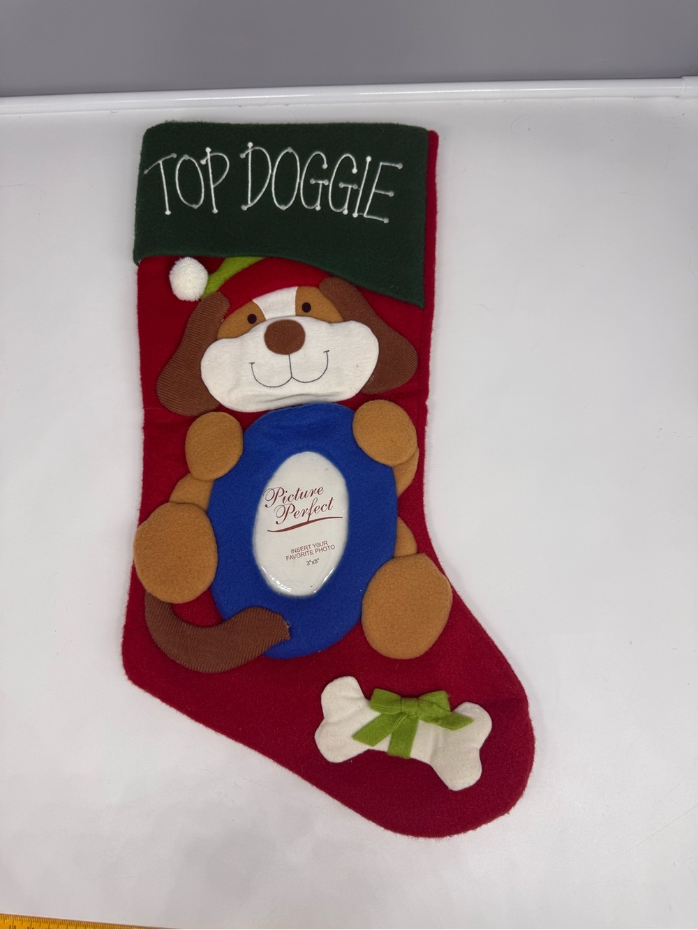 "Top Doggie" Christmas stocking pet-themed with built-in 3x5 photo frame.